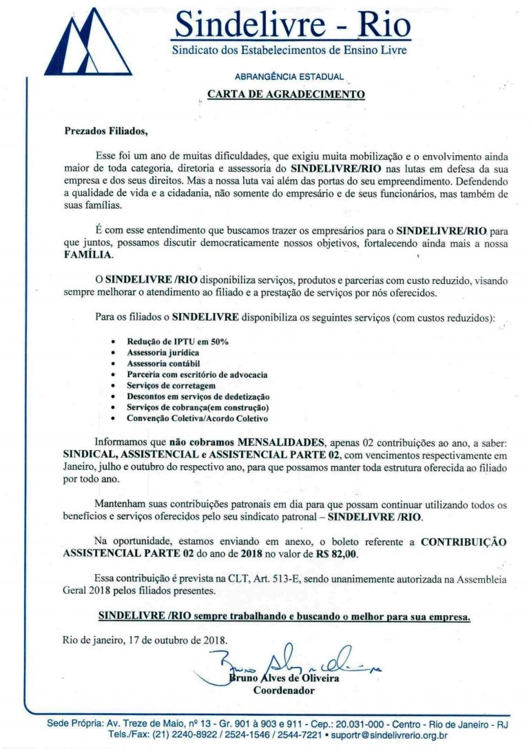 CARTA DE AGRADECIMENTO 2018 – SindeLivre